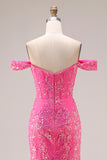 Sparkly Floral Fuchsia Mermaid Off the Shoulder Long Prom Dress with Cape