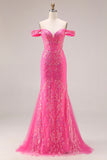 Sparkly Floral Fuchsia Mermaid Off the Shoulder Long Prom Dress with Cape
