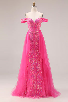 Sparkly Floral Fuchsia Mermaid Off the Shoulder Long Prom Dress with Cape