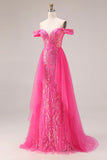 Sparkly Floral Fuchsia Mermaid Off the Shoulder Long Prom Dress with Cape