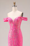 Sparkly Floral Fuchsia Mermaid Off the Shoulder Long Prom Dress with Cape