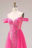 Sparkly Floral Fuchsia Mermaid Off the Shoulder Long Prom Dress with Cape