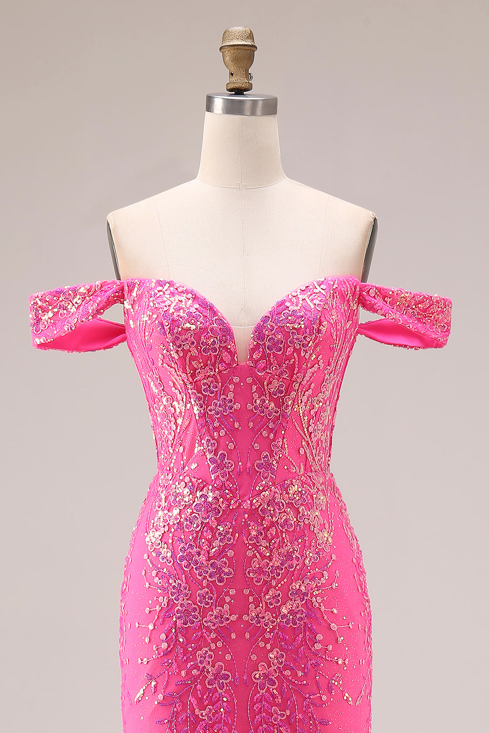 Sparkly Floral Fuchsia Mermaid Off the Shoulder Long Prom Dress with Cape