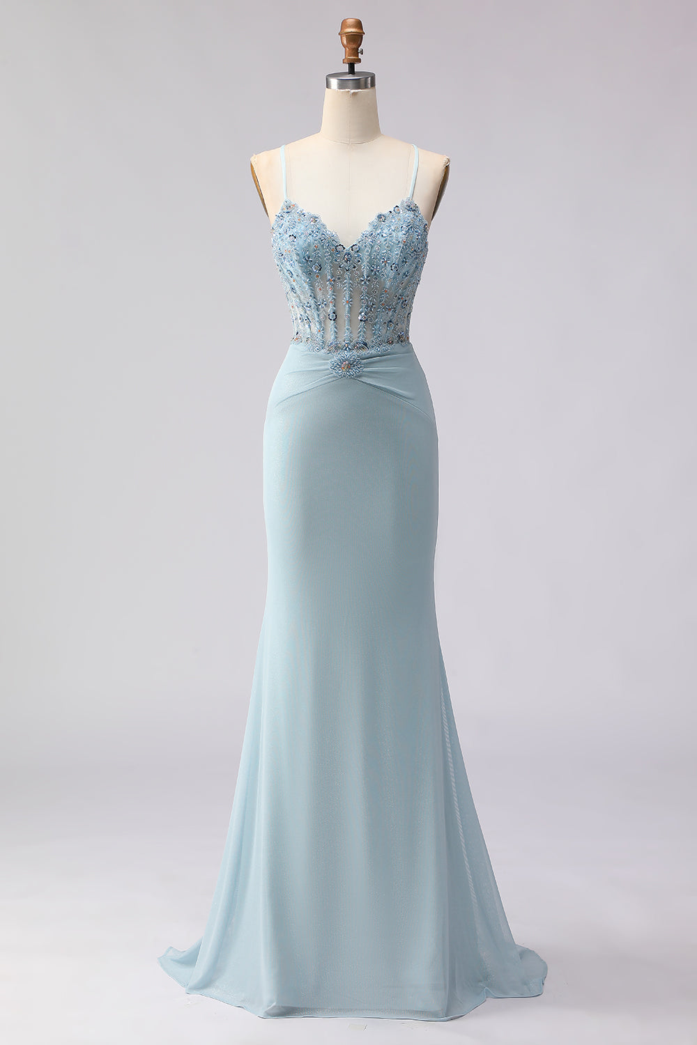Dusty Blue Mermaid Beaded Spaghetti Straps Long Corset Prom Dress