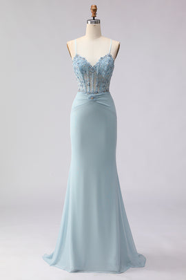 Dusty Blue Mermaid Beaded Spaghetti Straps Long Corset Prom Dress