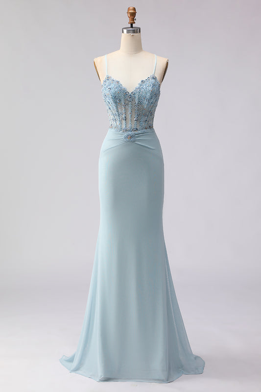 Dusty Blue Mermaid Beaded Spaghetti Straps Long Corset Prom Dress