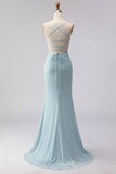 Dusty Blue Mermaid Beaded Spaghetti Straps Long Corset Prom Dress