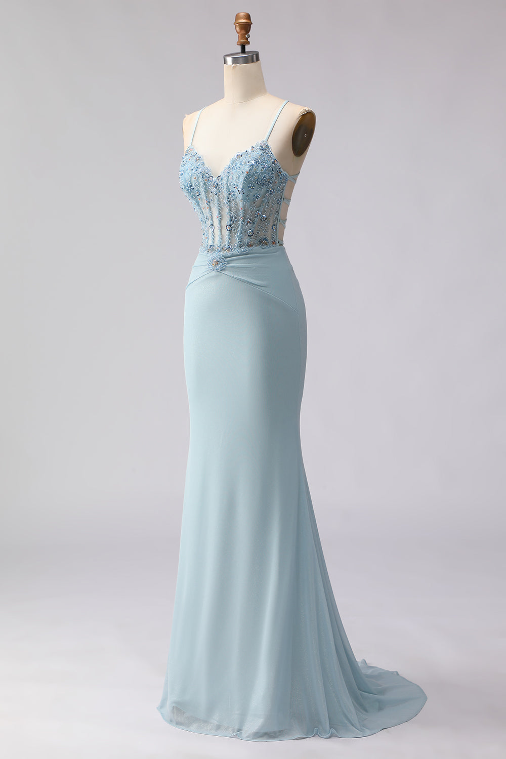 Dusty Blue Mermaid Beaded Spaghetti Straps Long Corset Prom Dress