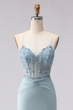 Dusty Blue Mermaid Beaded Spaghetti Straps Long Corset Prom Dress