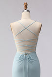 Dusty Blue Mermaid Beaded Spaghetti Straps Long Corset Prom Dress