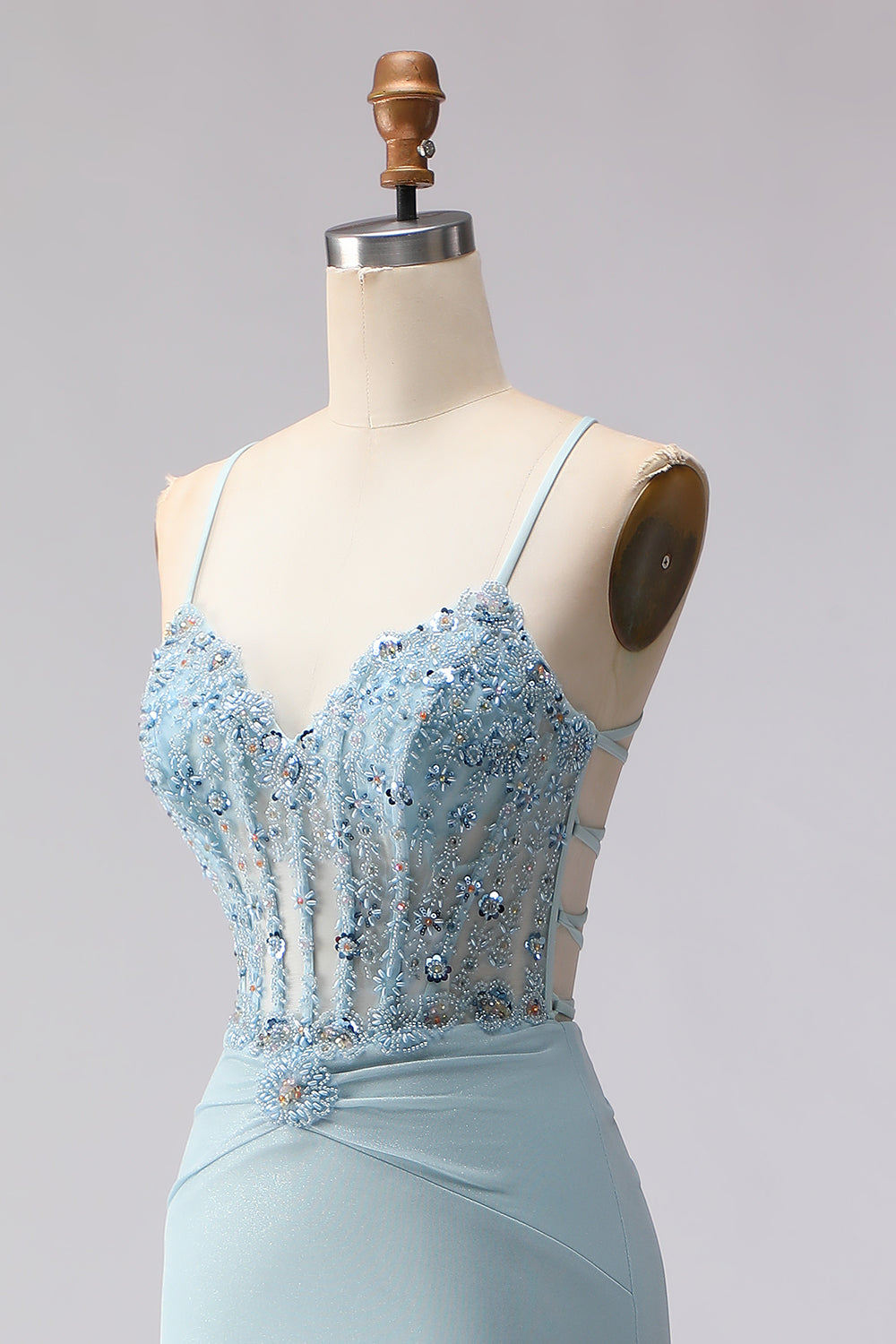 Dusty Blue Mermaid Beaded Spaghetti Straps Long Corset Prom Dress