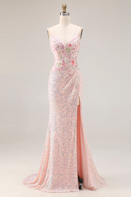 Sparkly Pink Floral Mermaid Sequins Spaghetti Straps Long Corset Prom Dress