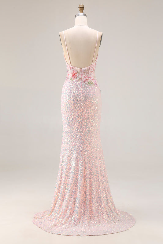 Sparkly Pink Floral Mermaid Sequins Spaghetti Straps Long Corset Prom Dress