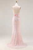 Sparkly Pink Floral Mermaid Sequins Spaghetti Straps Long Corset Prom Dress