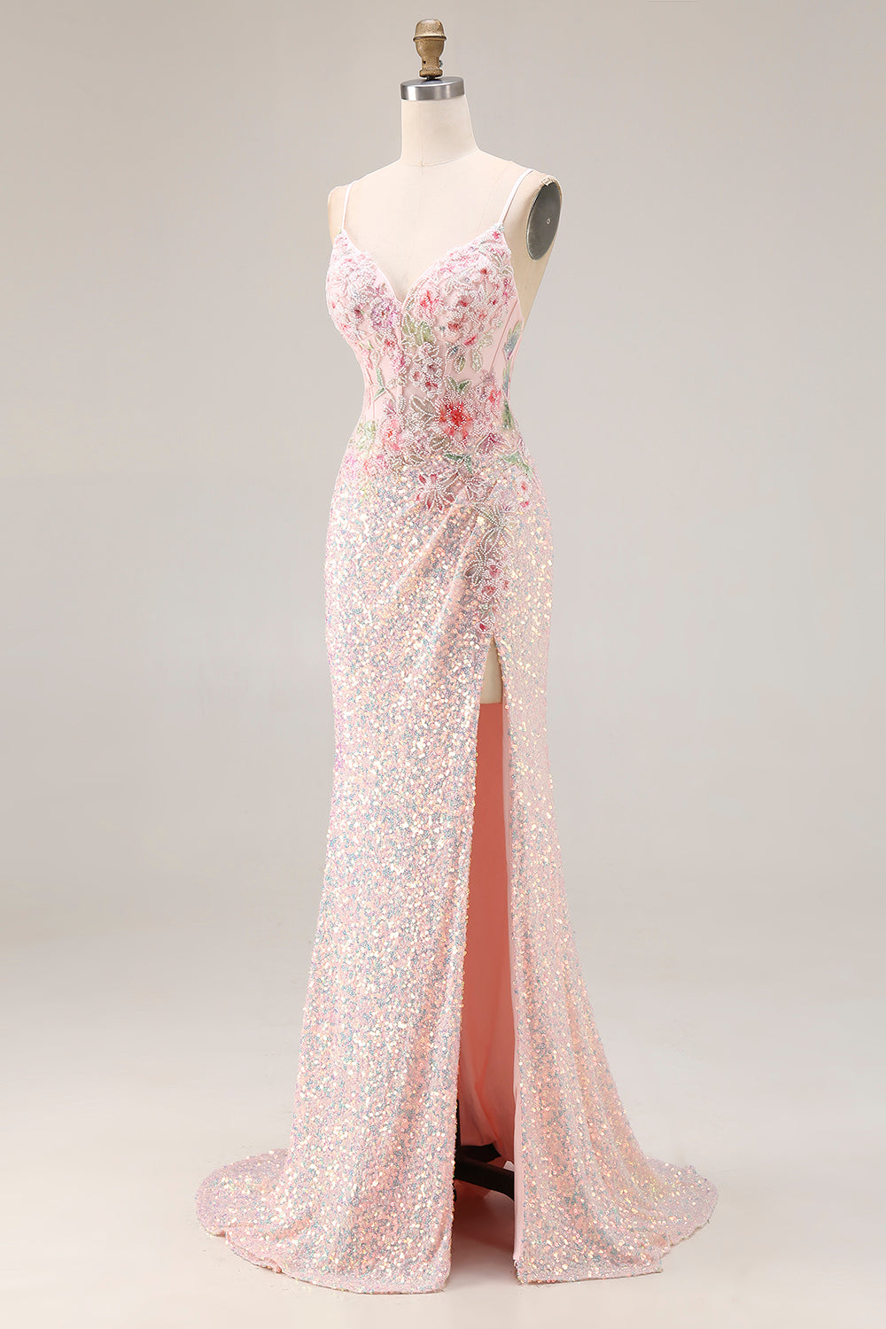 Zapaka Women Sparkly Pink Long Prom Dress with Slit Mermaid Corset Spaghetti Straps Beaded Party Dress with Sequins, Pink / US26W Zapaka Women Sparkly Pink Long Prom Dress with Slit Mermaid Corset Spaghetti Straps Beaded Party Dress with Sequins, Pink / US26W