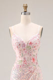 Sparkly Pink Floral Mermaid Sequins Spaghetti Straps Long Corset Prom Dress