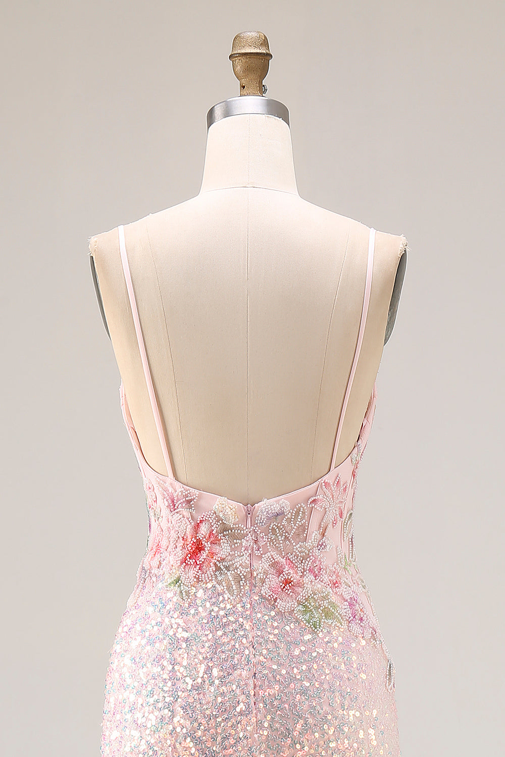 Sparkly Pink Floral Mermaid Sequins Spaghetti Straps Long Corset Prom Dress