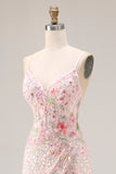 Sparkly Pink Floral Mermaid Sequins Spaghetti Straps Long Corset Prom Dress