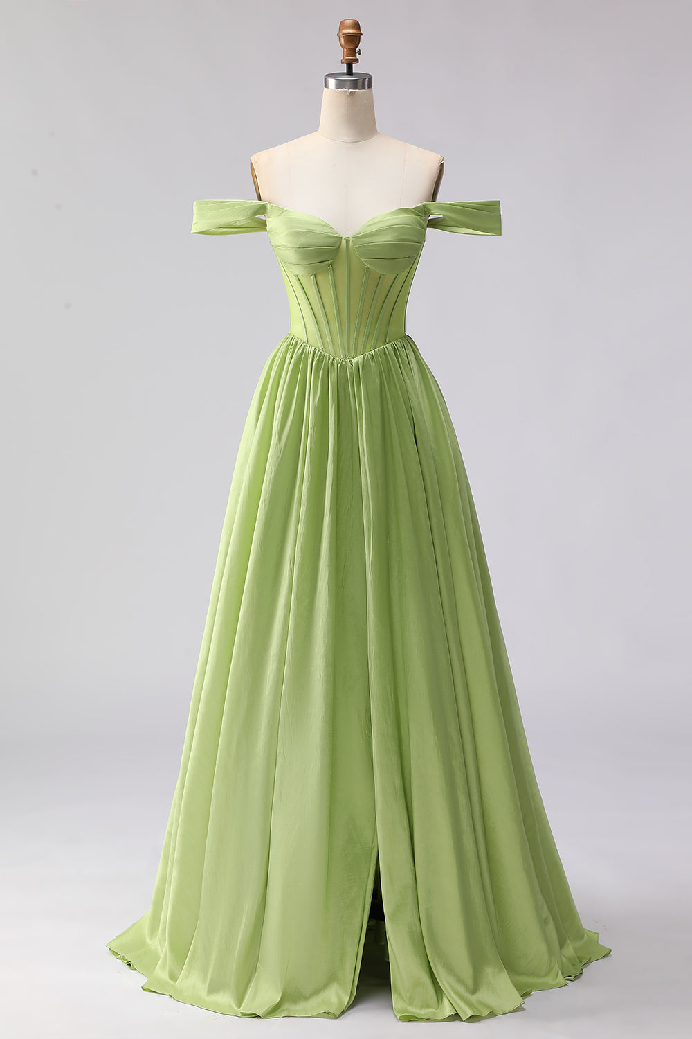 Green A Line Off the Shoulder Long Corset Prom Dress with Slit