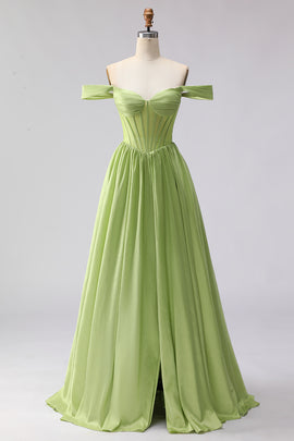 Green A Line Off the Shoulder Long Corset Prom Dress with Slit