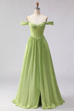 Green A Line Off the Shoulder Long Corset Prom Dress with Slit