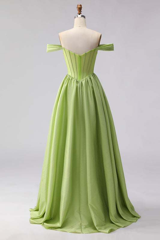 Green A Line Off the Shoulder Long Corset Prom Dress with Slit