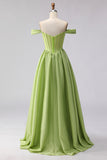 Green A Line Off the Shoulder Long Corset Prom Dress with Slit