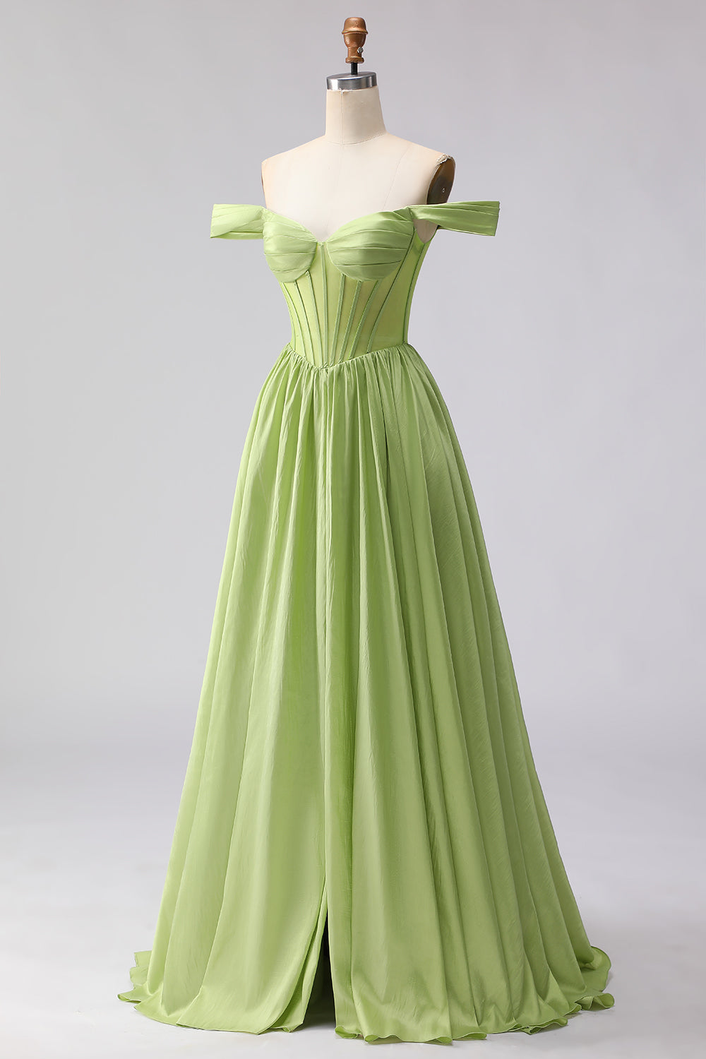 Green A Line Off the Shoulder Long Corset Prom Dress with Slit