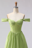 Green A Line Off the Shoulder Long Corset Prom Dress with Slit