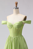 Green A Line Off the Shoulder Long Corset Prom Dress with Slit