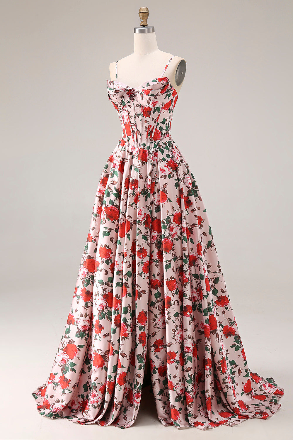 Red A Line Corset Spaghetti Straps Floral Long Prom Dress