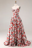 Red A Line Corset Spaghetti Straps Floral Long Prom Dress