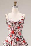 Red A Line Corset Spaghetti Straps Floral Long Prom Dress