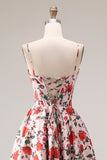 Red A Line Corset Spaghetti Straps Floral Long Prom Dress