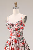 Red A Line Corset Spaghetti Straps Floral Long Prom Dress