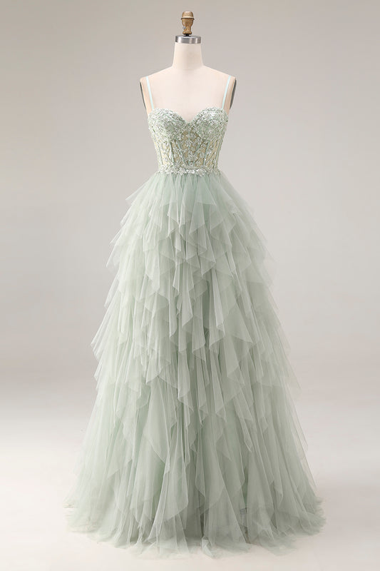 Dusty Green Corset Spaghetti Straps Tulle A Line Long Prom Dress with Appliques