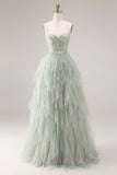 Dusty Green Corset Spaghetti Straps Tulle A Line Long Prom Dress with Appliques