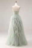 Dusty Green Corset Spaghetti Straps Tulle A Line Long Prom Dress with Appliques