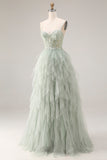 Dusty Green Corset Spaghetti Straps Tulle A Line Long Prom Dress with Appliques