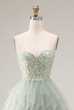 Dusty Green Corset Spaghetti Straps Tulle A Line Long Prom Dress with Appliques