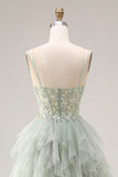 Dusty Green Corset Spaghetti Straps Tulle A Line Long Prom Dress with Appliques