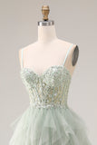 Dusty Green Corset Spaghetti Straps Tulle A Line Long Prom Dress with Appliques