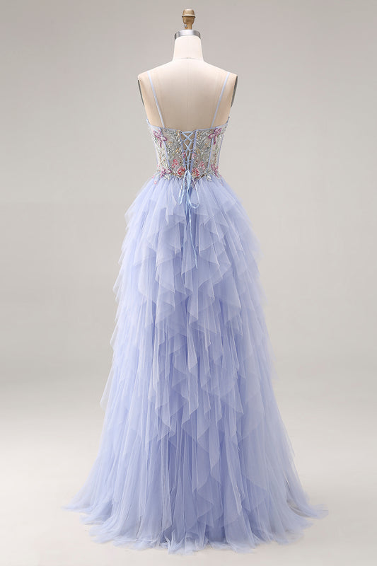 Sparkly Light Plum Corset Tulle Spaghetti Straps Appliqued Long Prom Dress with Slit