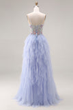 Sparkly Light Plum Corset Tulle Spaghetti Straps Appliqued Long Prom Dress with Slit