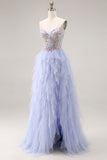 Sparkly Light Plum Corset Tulle Spaghetti Straps Appliqued Long Prom Dress with Slit
