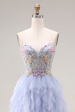 Sparkly Light Plum Corset Tulle Spaghetti Straps Appliqued Long Prom Dress with Slit