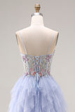 Sparkly Light Plum Corset Tulle Spaghetti Straps Appliqued Long Prom Dress with Slit