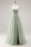 Dusty Green A Line Corset Strapless Tulle Appliqued Long Prom Dress with Slit