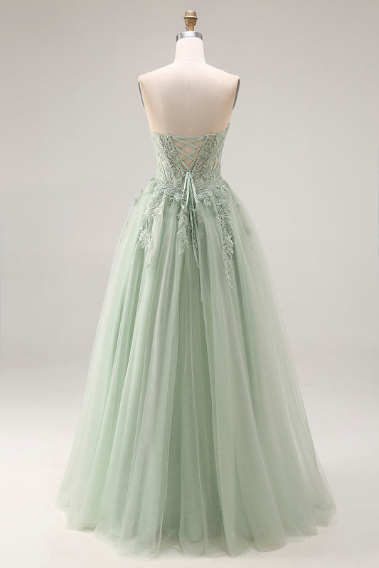 Dusty Green A Line Corset Strapless Tulle Appliqued Long Prom Dress with Slit