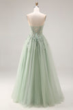 Dusty Green A Line Corset Strapless Tulle Appliqued Long Prom Dress with Slit